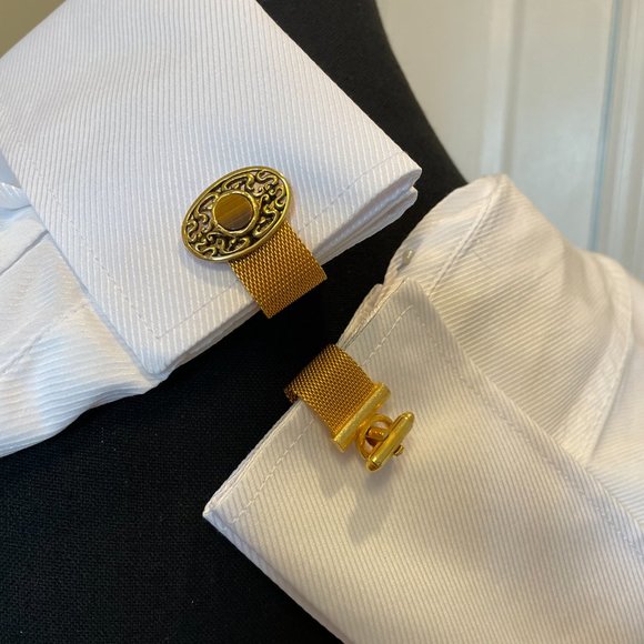 Gold Mess Cufflink with Oval Filigree Shape/Round Tiger Stone - Vintage 1970's - Picture 9 of 9